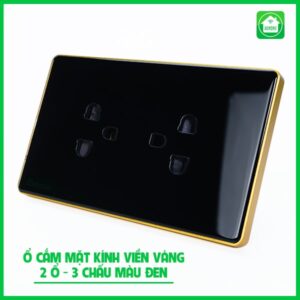 [Ổ Cắm Mặt Kính] 2 Ổ Có Tiếp Địa Màu Đen Viền Vàng